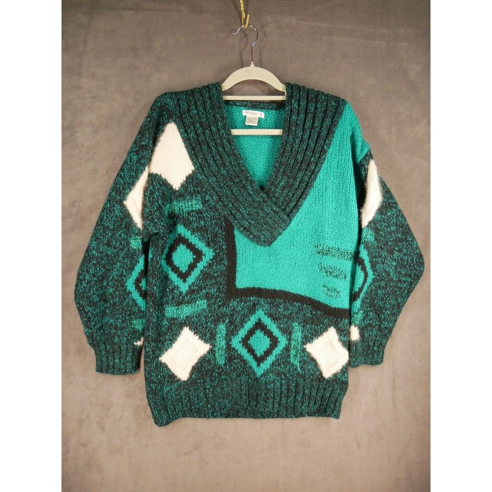 Vintage Susann D Women's Medium Hand Knitted Geometric Green Sweater